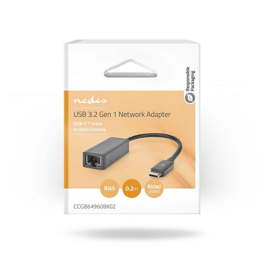 Nedis  Scheda di rete USB | USB 3.2 Gen 1 | 2,5 Gbps | USB-C™ Maschio | RJ45 Femmina | 0,20 m | Rotonda | Nichelata | Rame colorato | Nero | Scatola 