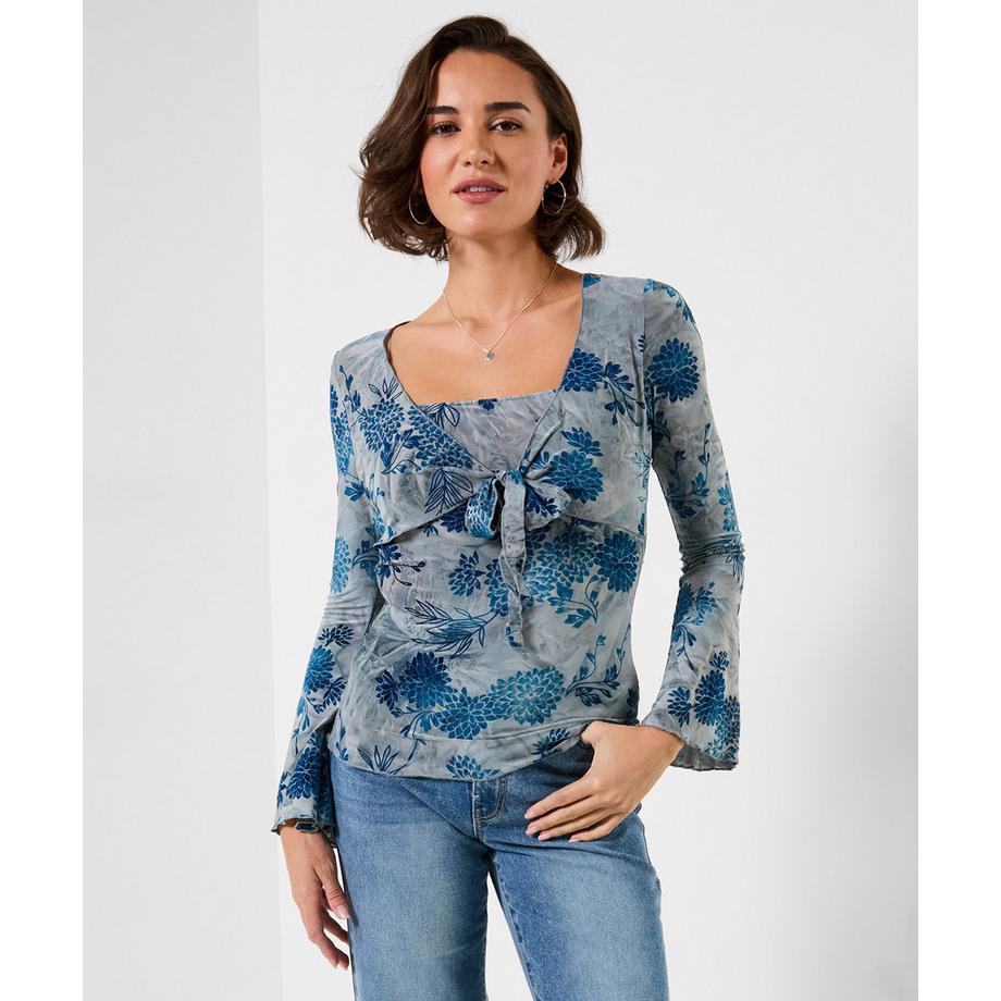 T-shirt à nouer en tissu dévoré à motif floral