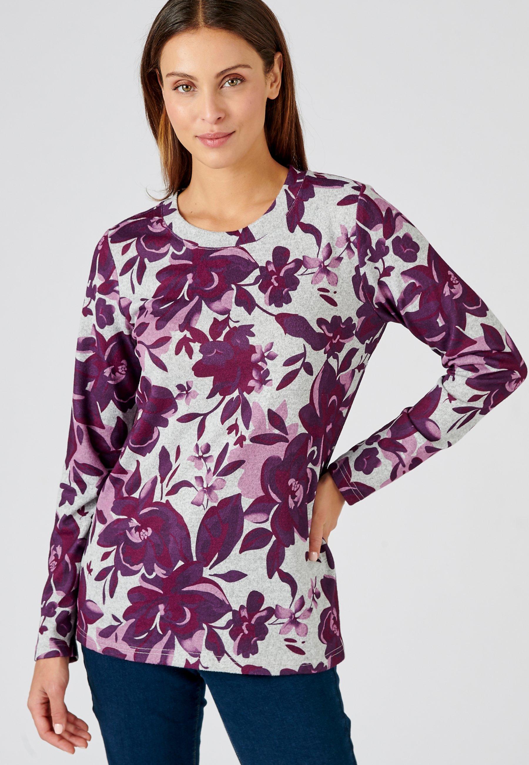 Image of Warmes Shirt Mit Blätter-print. Damen Violett 54/56