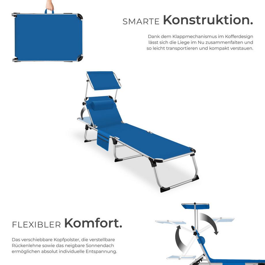 Tectake Sonnenliege Aurelie klappbar, mit Kopfkissen mit Aluminiumgestell, stufenlos verstellbares Sonnendach  