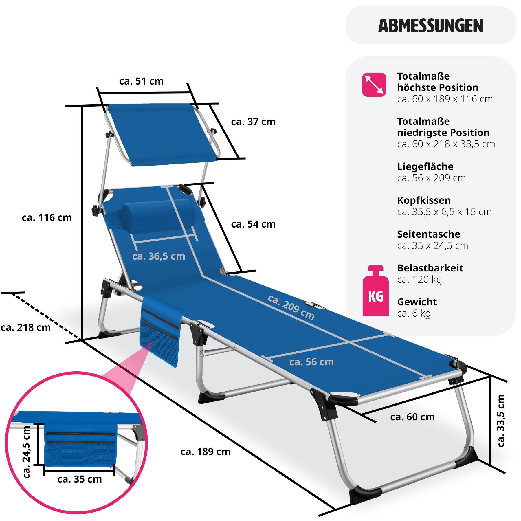 Tectake Sonnenliege mit Aluminiumgestell, stufenlos verstellbares Sonnendach  