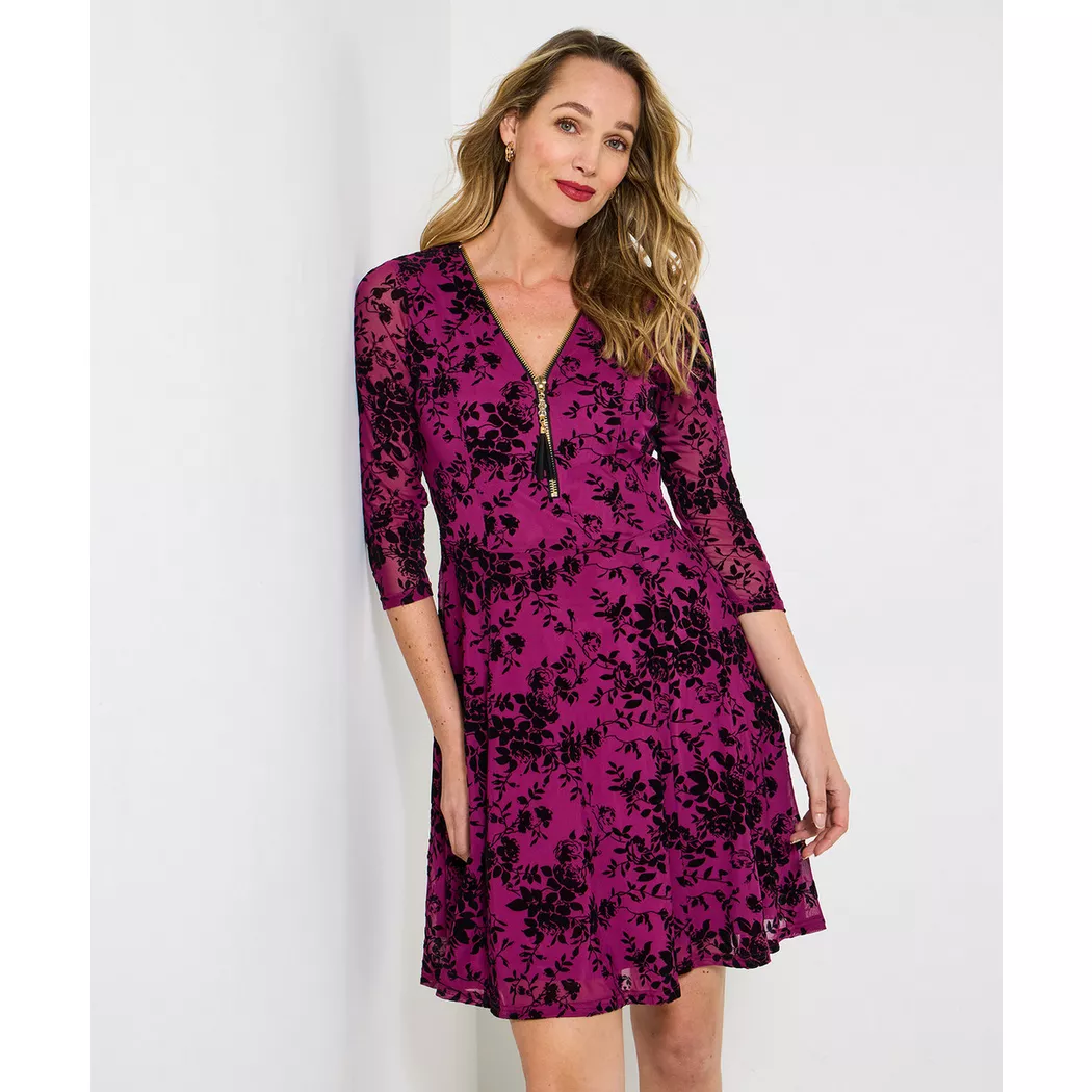 Joe Browns - Skaterkleid mit Blumen-Spitzenmuster, Reißverschluss und 3/4-Ärmeln, für Damen, Lila, Größe 34