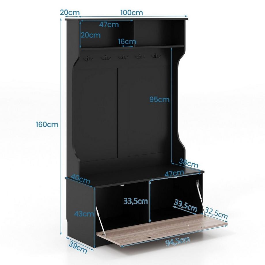 B2X Garderobenständer mit Sitzbank & 5 Doppelhaken Garderobe Flurgarderobe  