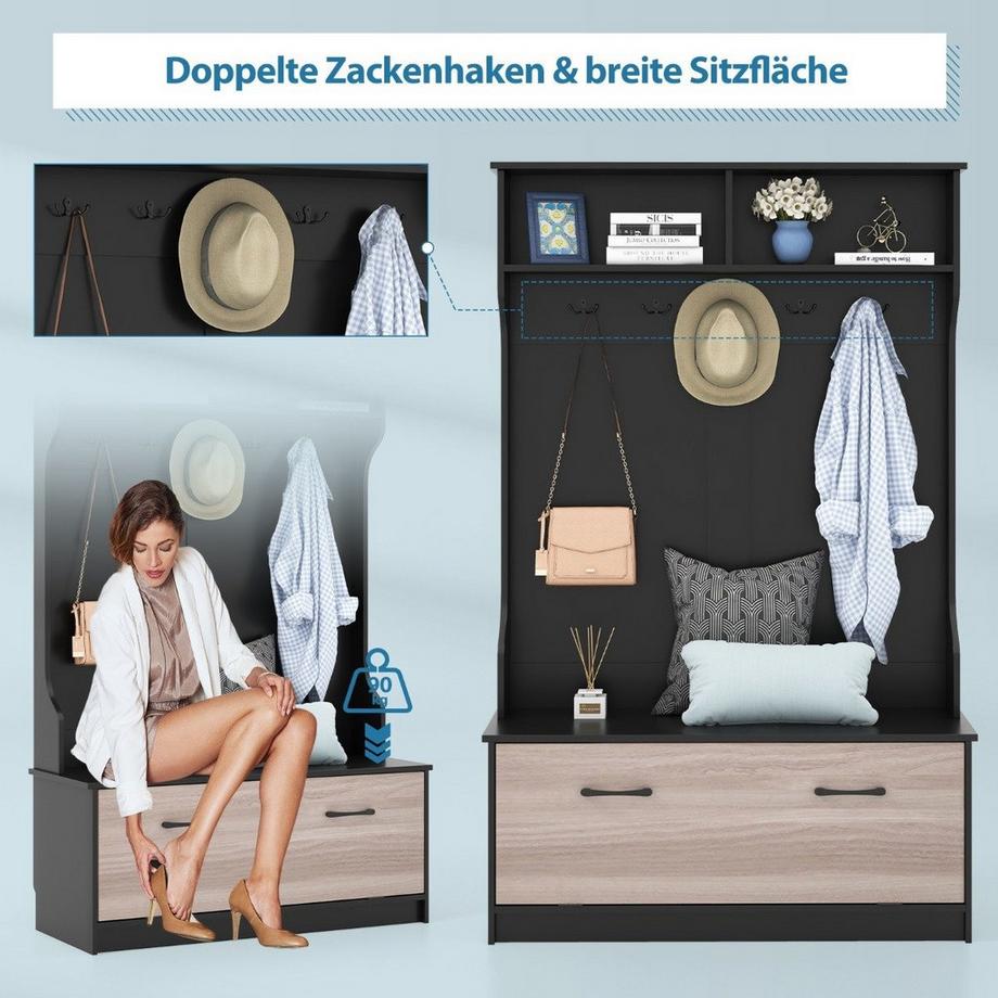 B2X Garderobenständer mit Sitzbank & 5 Doppelhaken Garderobe Flurgarderobe  