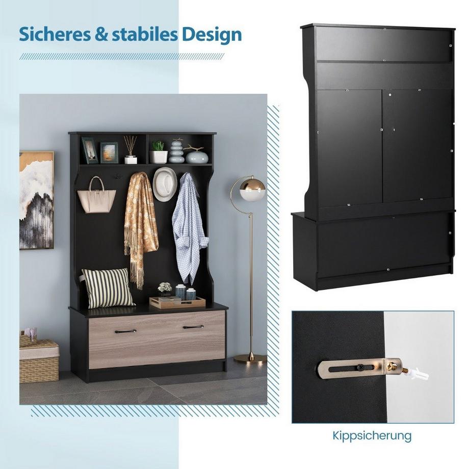 B2X Garderobenständer mit Sitzbank & 5 Doppelhaken Garderobe Flurgarderobe  