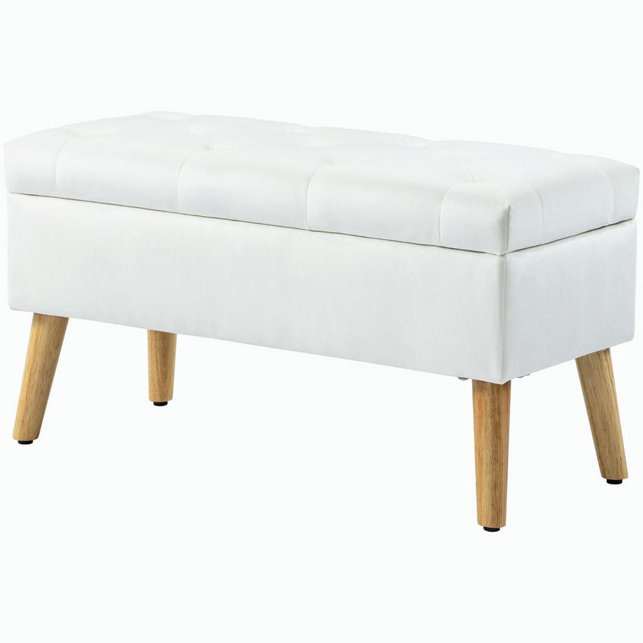 Northio Sitzbank mit Stauraum, Polsterbank mit Deckel, Bettbank mit Samtoptik, für Flur Schlafzimmer Wohnzimmer, Gummiholz 102 x 35 x 43 cm Weiß  