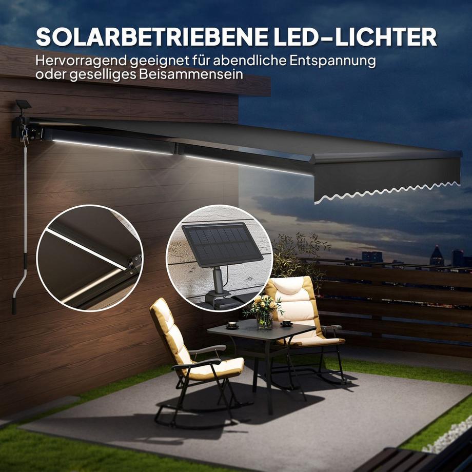 Northio Tenda a morsetto con manovella, luce solare, tenda a bracci estensibili, protezione solare, UV 50+, tenda da balcone incl. supporto a parete, tenda da sole, larghezza 400 cm per terrazza, balcone, veranda, grigio  
