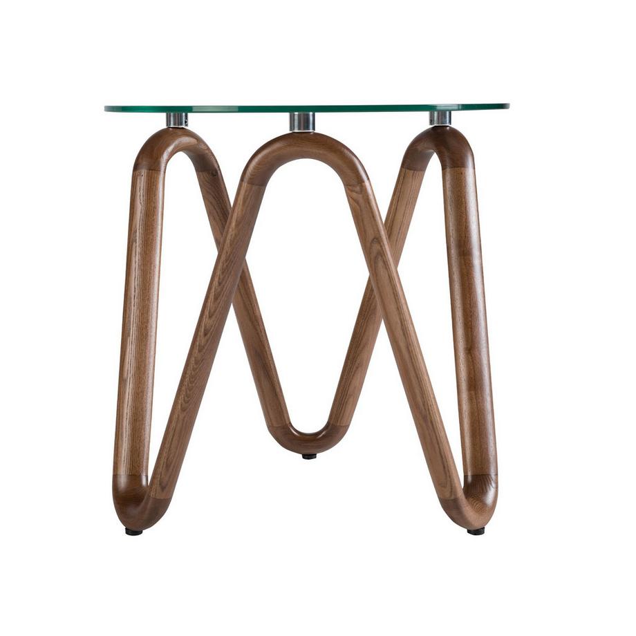 ANGEL CERDA Tavolo angolare rotondo in vetro temperato e noce  