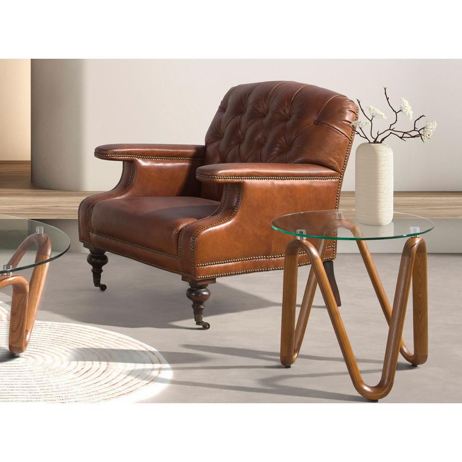 ANGEL CERDA Tavolo angolare rotondo in vetro temperato e noce  