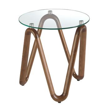 Table d'angle ronde en verre trempé et noyer