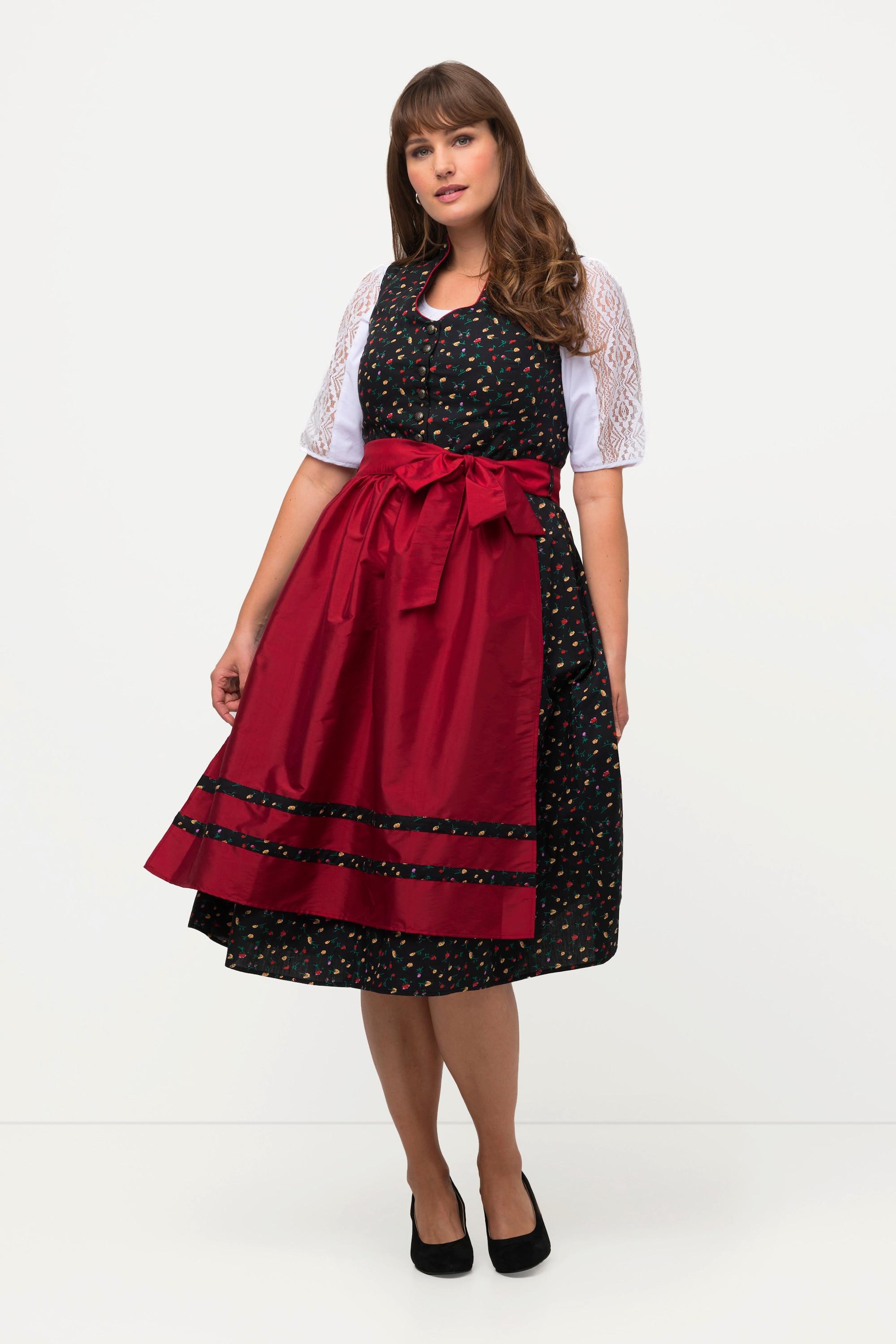 Ulla Popken  Dirndl, Blüten, Schmuckknöpfe, V-Ausschnitt, ärmellos 