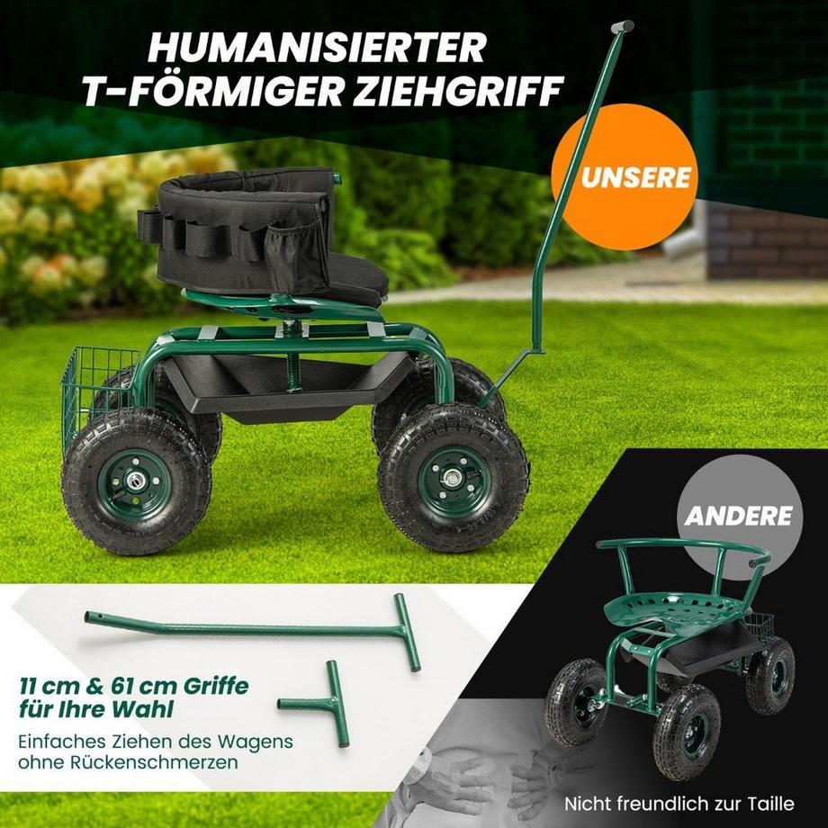 Northix Rollsitz mit Rollen 360 ° drehbar höhenverstellbar mobiler Gartensitz 90 x 59 x 106 cm Grün  