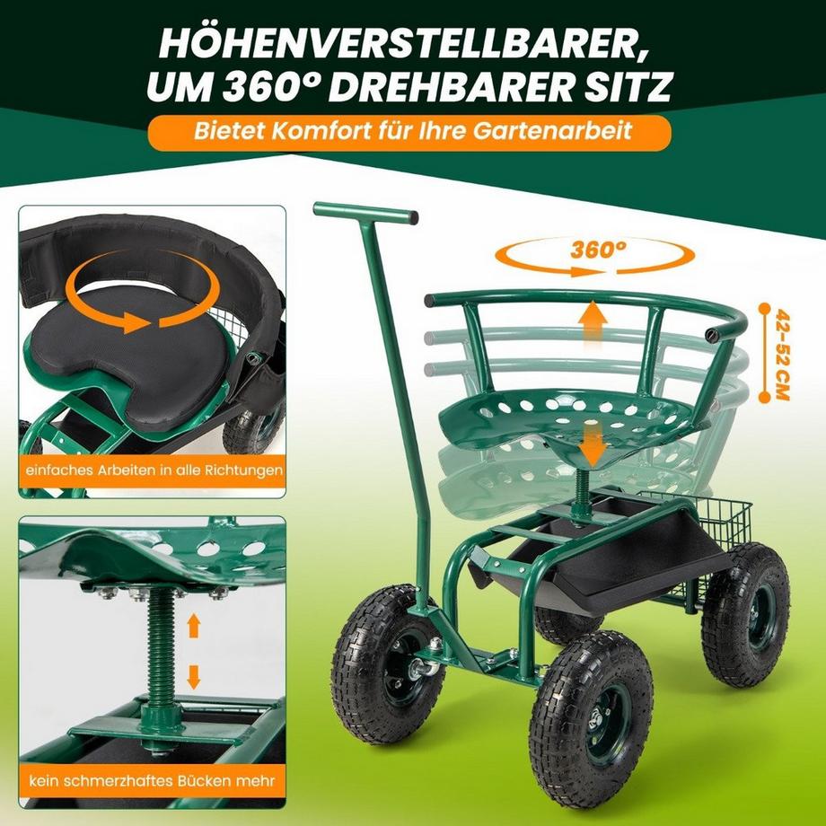 Northix Rollsitz mit Rollen 360 ° drehbar höhenverstellbar mobiler Gartensitz 90 x 59 x 106 cm Grün  