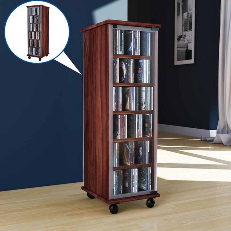 VCM Bois CD DVD Stand Étagère Armoire Étagère sur pied Roulettes pivotantes Valenza Porte en verre  