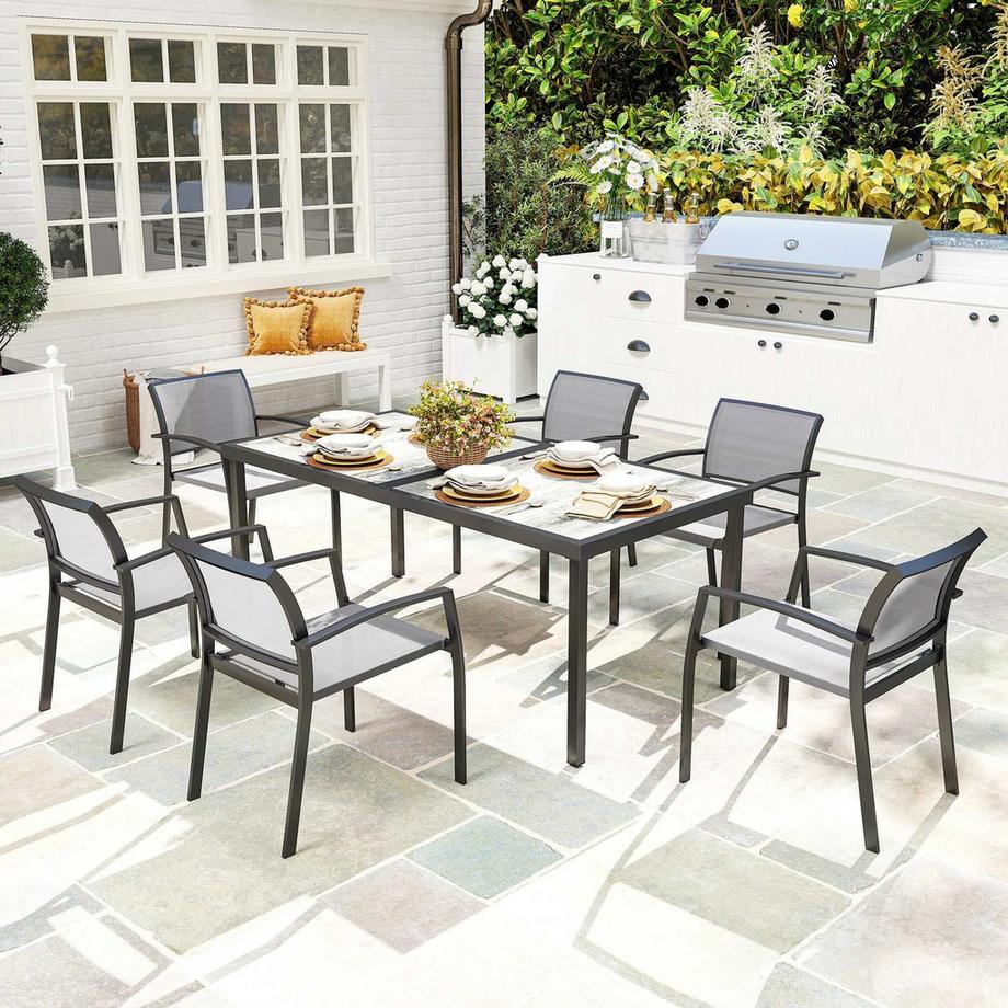 Northio  Groupe de sièges 7 pièces. Groupe de salle à manger pour 6 personnes, table à manger avec 6 chaises empilables, groupe de salle à manger, ensemble de table de cuisine avec structure en acier, meubles de balcon, salon de jardin pour terrasse, balcon, gris 