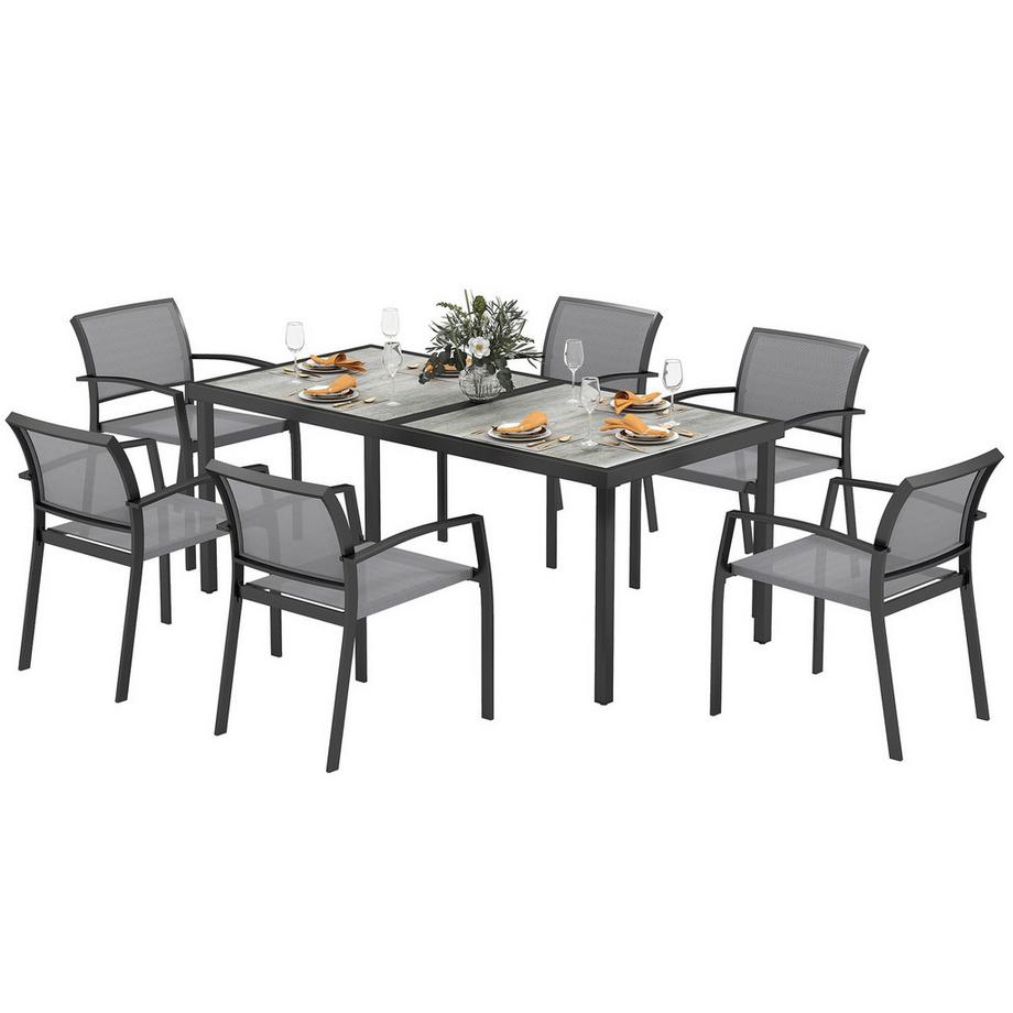 Northio  Groupe de sièges 7 pièces. Groupe de salle à manger pour 6 personnes, table à manger avec 6 chaises empilables, groupe de salle à manger, ensemble de table de cuisine avec structure en acier, meubles de balcon, salon de jardin pour terrasse, balcon, gris 