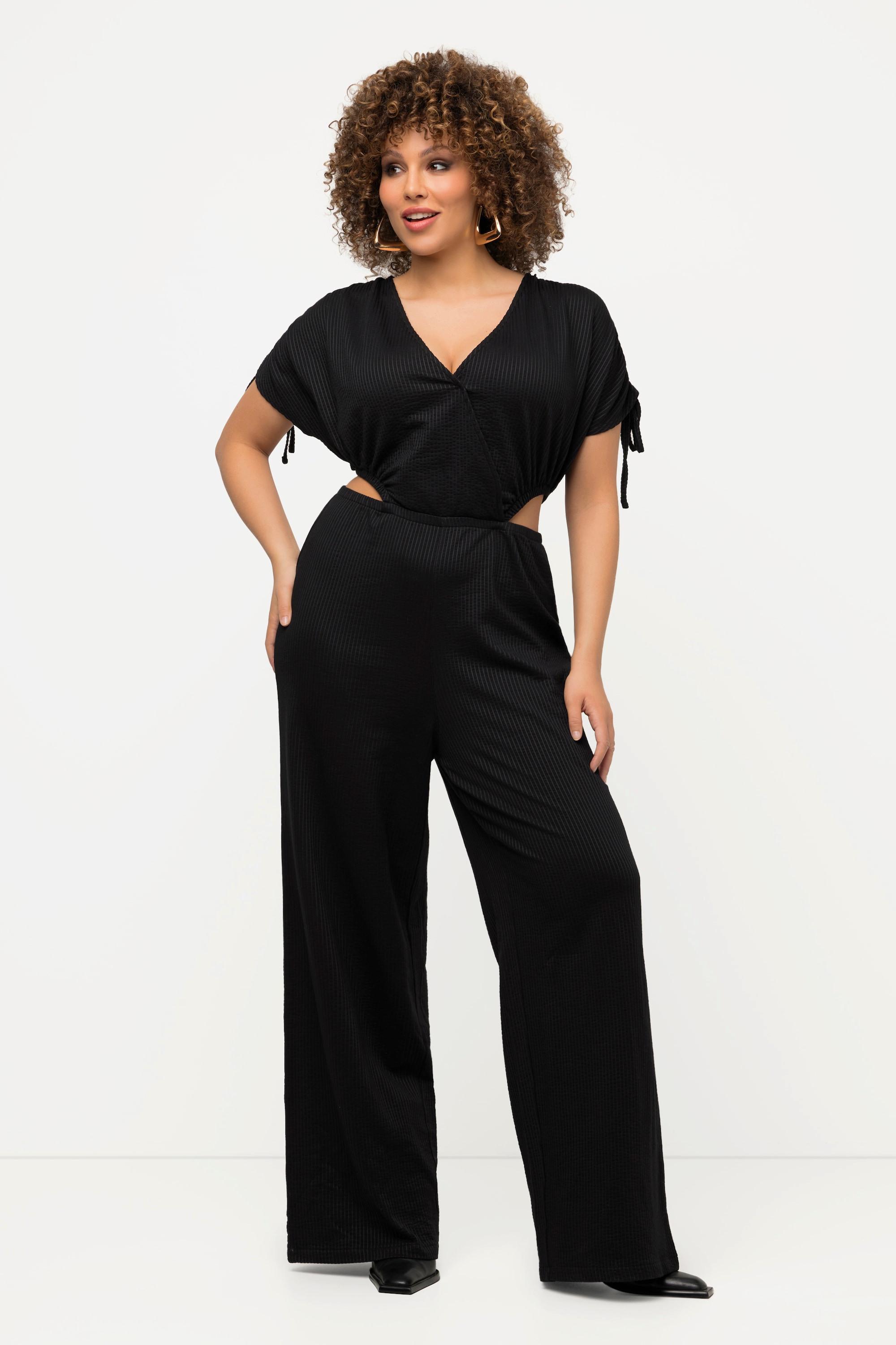 Ulla Popken  Jumpsuit, Streifenstruktur, V-Ausschnitt, Wickeloptik 