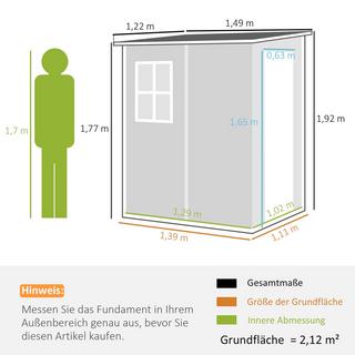 Northio Casetta per attrezzi 1,54 m³, casetta da giardino con tetto spiovente, 122 x 149 x 192/177 cm, casetta per attrezzi con porta con serratura, finestra, garage per biciclette, armadio da giardino in alluminio, per cortile, giardino, grigio  