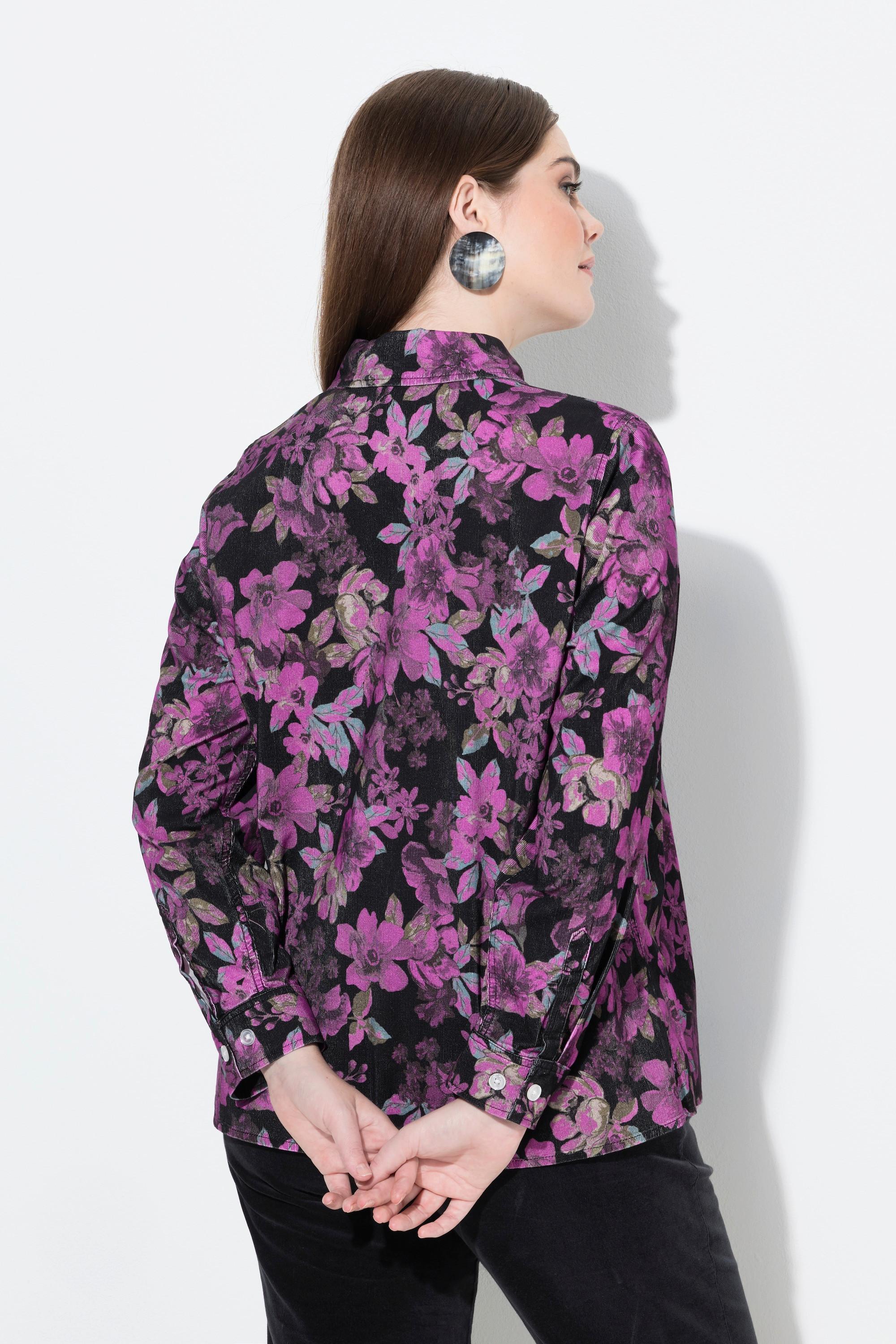 Ulla Popken Blusa Velluto a Coste Stampa Floreale Collo Camicia Maniche Lunghe  