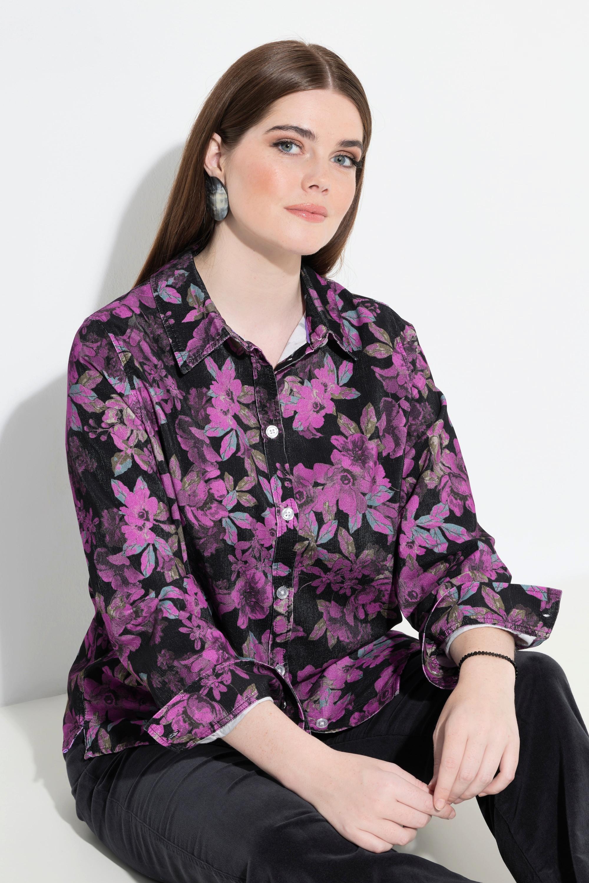 Ulla Popken Blusa Velluto a Coste Stampa Floreale Collo Camicia Maniche Lunghe  