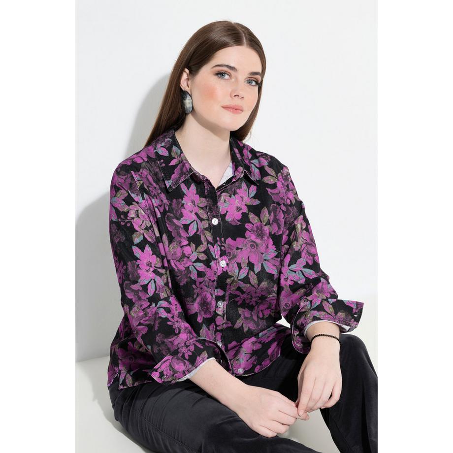 Ulla Popken Chemisier Velours Côtelé Imprimé Floral Col Chemise Manches Longues  