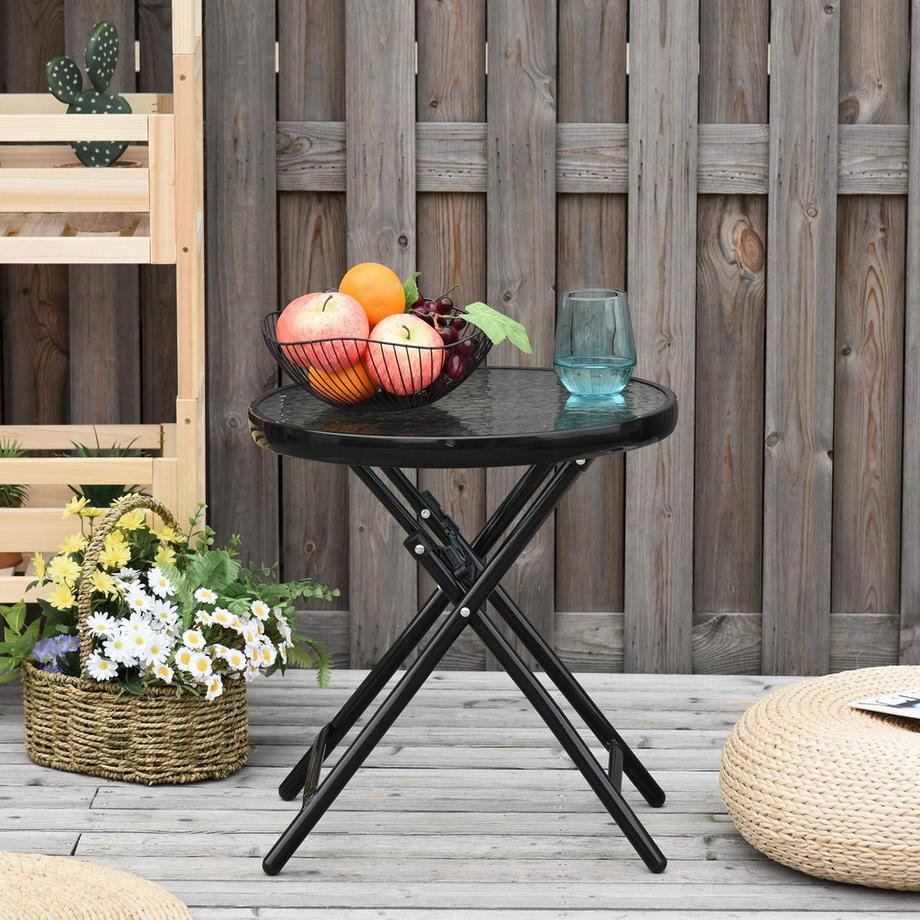Northio Runder Beistelltisch Gartentisch Klappbar Glasplatte Metall Schwarz Ø45Cm  