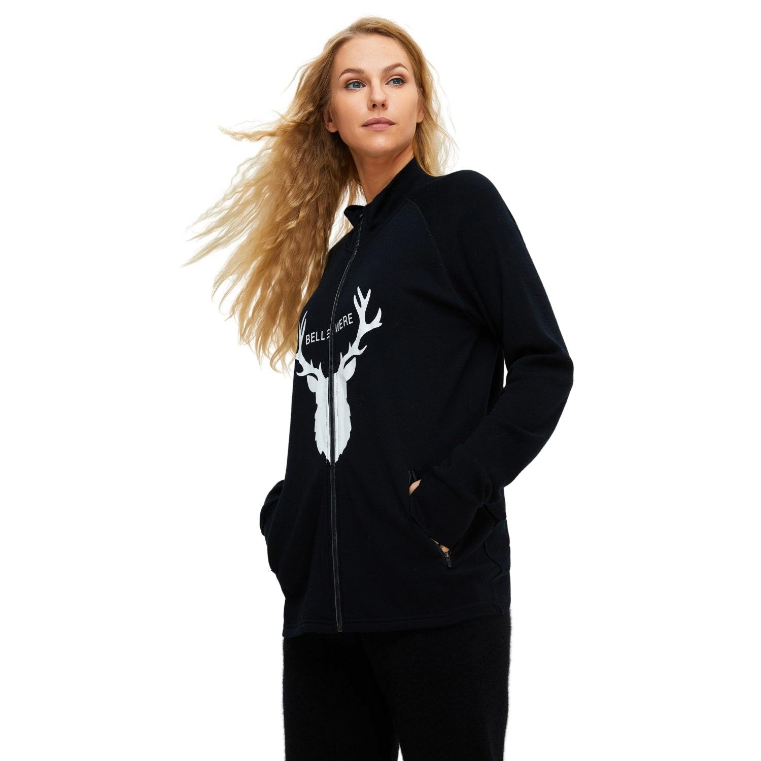 Bellemere New York  Jacket Unisex Merino Wool Deer Design Full Zipped Jacket 