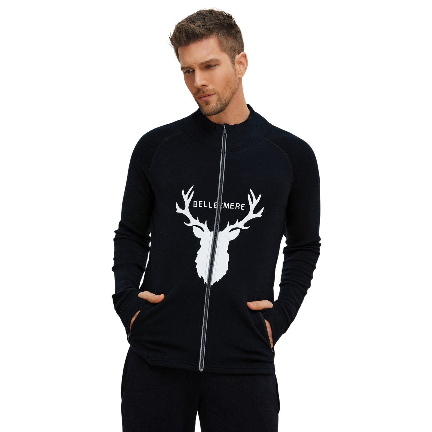 Image of Bellemere Unisex Merino Deer Design Jacke Mit Durchgehendem Reißverschluss Unisex Schwarz Leicht S