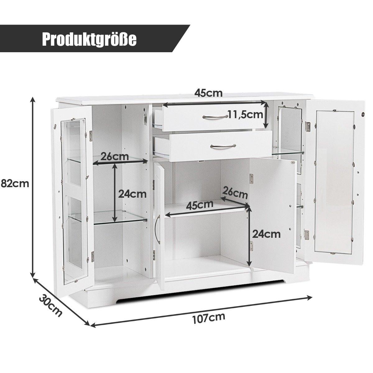 Northio Aufbewahrungsschrank aus Holz mit gehärteten Glastüren und Schubladen Weiß  