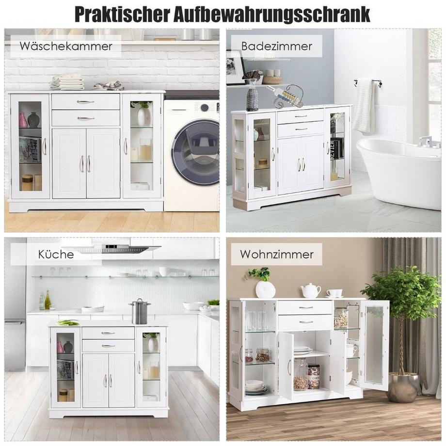 Northio Aufbewahrungsschrank aus Holz mit gehärteten Glastüren und Schubladen Weiß  