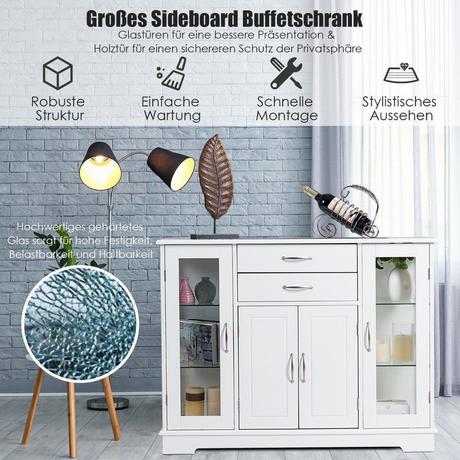 Northio Aufbewahrungsschrank aus Holz mit gehärteten Glastüren und Schubladen Weiß  