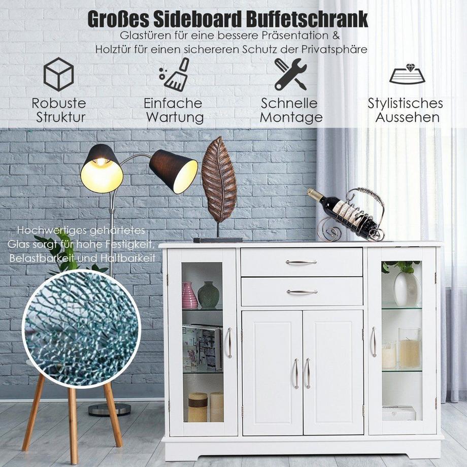 Northio Aufbewahrungsschrank aus Holz mit gehärteten Glastüren und Schubladen Weiß  