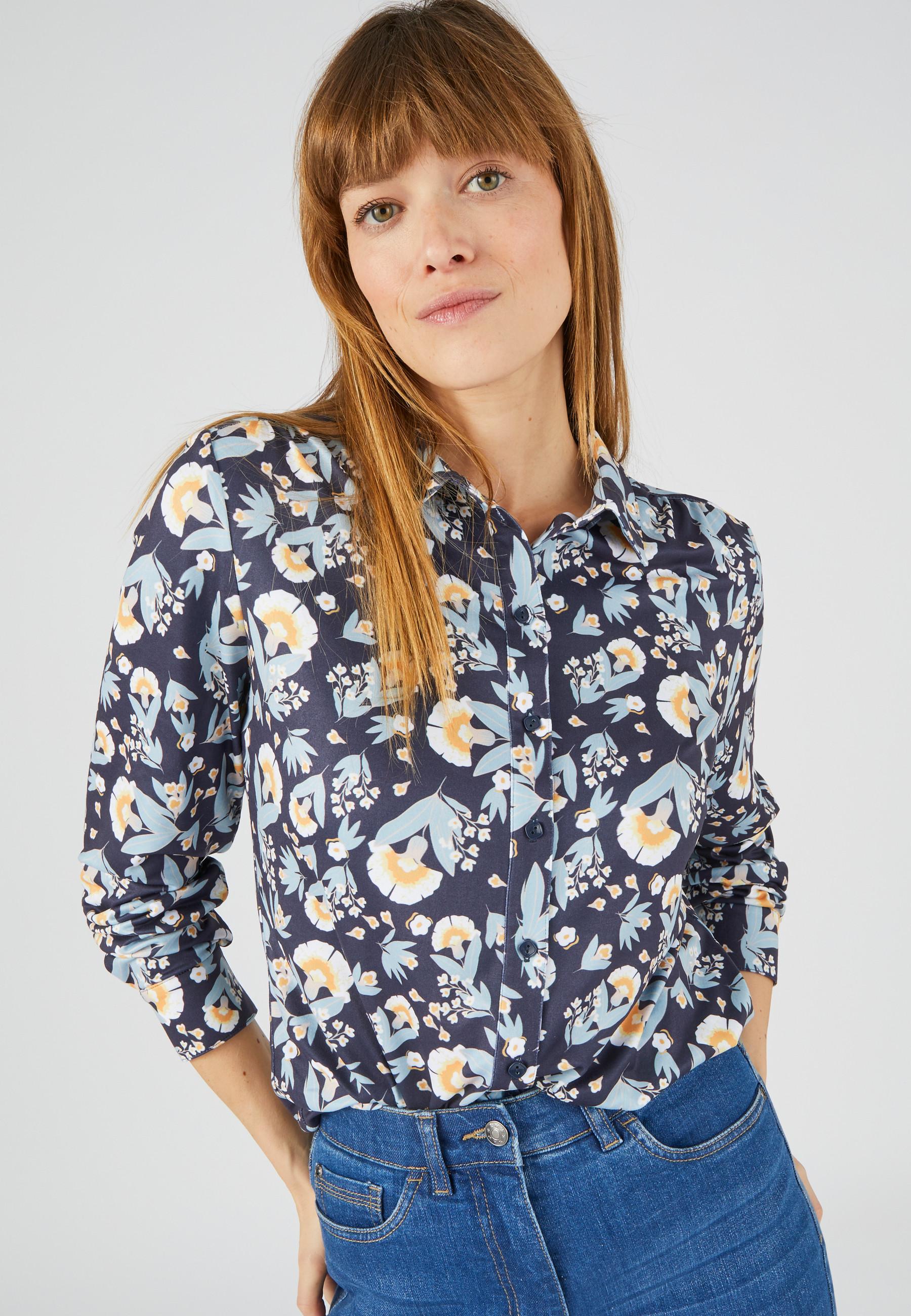 Image of Warme Strickbluse Mit Blumen Oder Geometrischen Mustern Damen Blau 38/40
