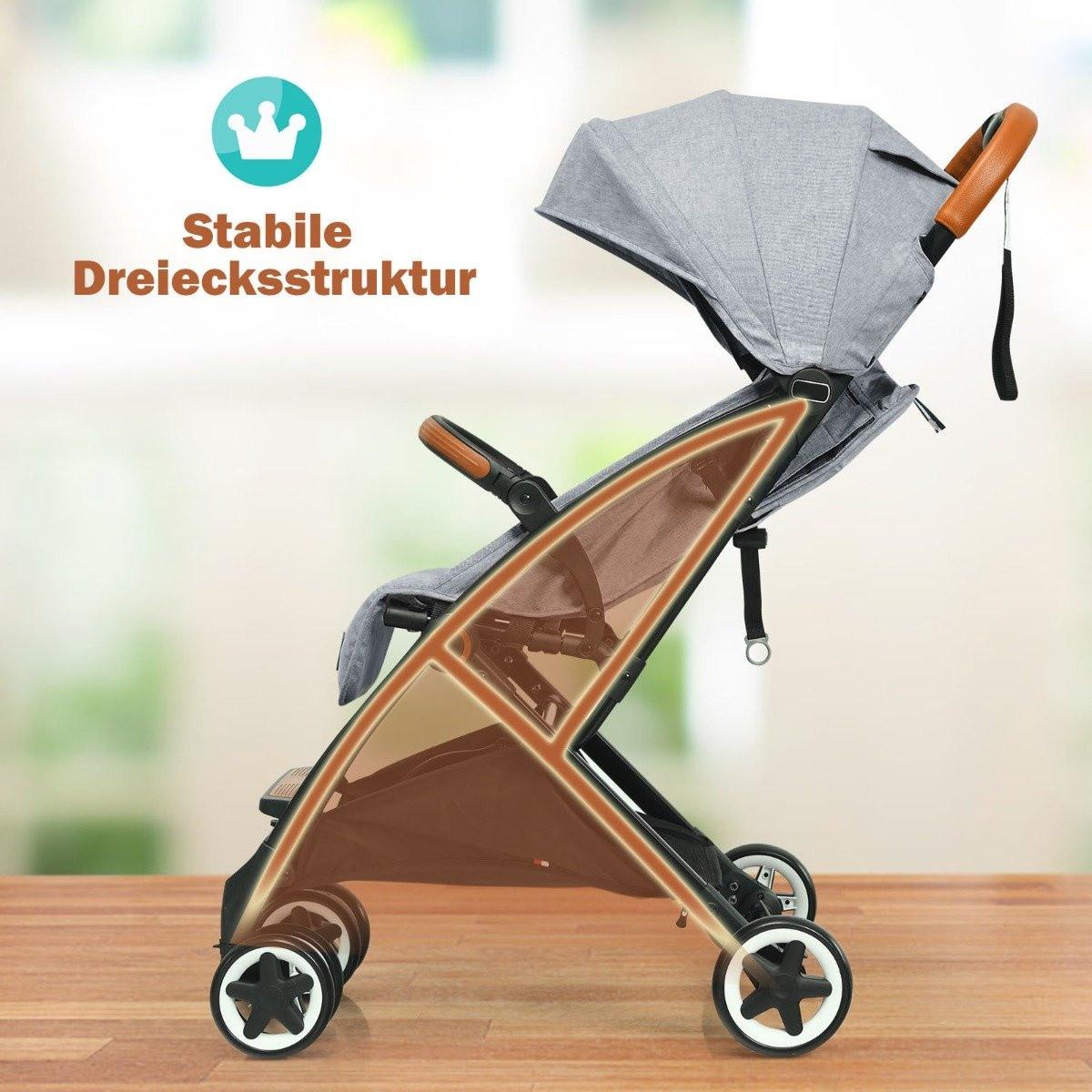 B2X  Faltbarer Kinderwagen mit verstellbare Rückenlehne & Fußstütze & Verdeck Grau 