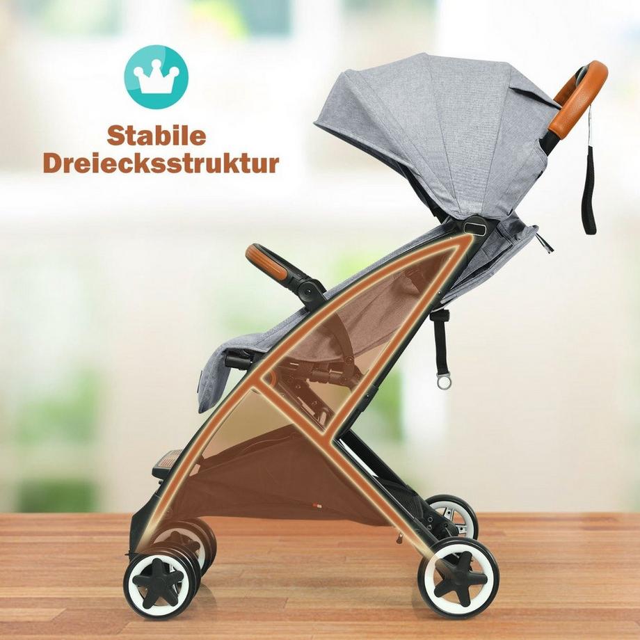 B2X  Faltbarer Kinderwagen mit verstellbare Rückenlehne & Fußstütze & Verdeck Grau 