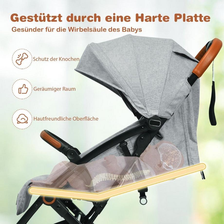 B2X  Faltbarer Kinderwagen mit verstellbare Rückenlehne & Fußstütze & Verdeck Grau 