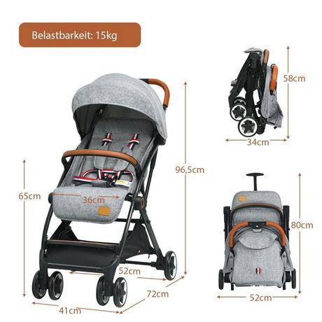 B2X  Faltbarer Kinderwagen mit verstellbare Rückenlehne & Fußstütze & Verdeck Grau 
