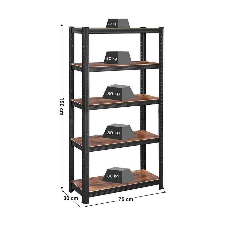 Calicosy Etagère de rangement industrielle en métal noir avec niveaux réglables - L75 x H150 cm  