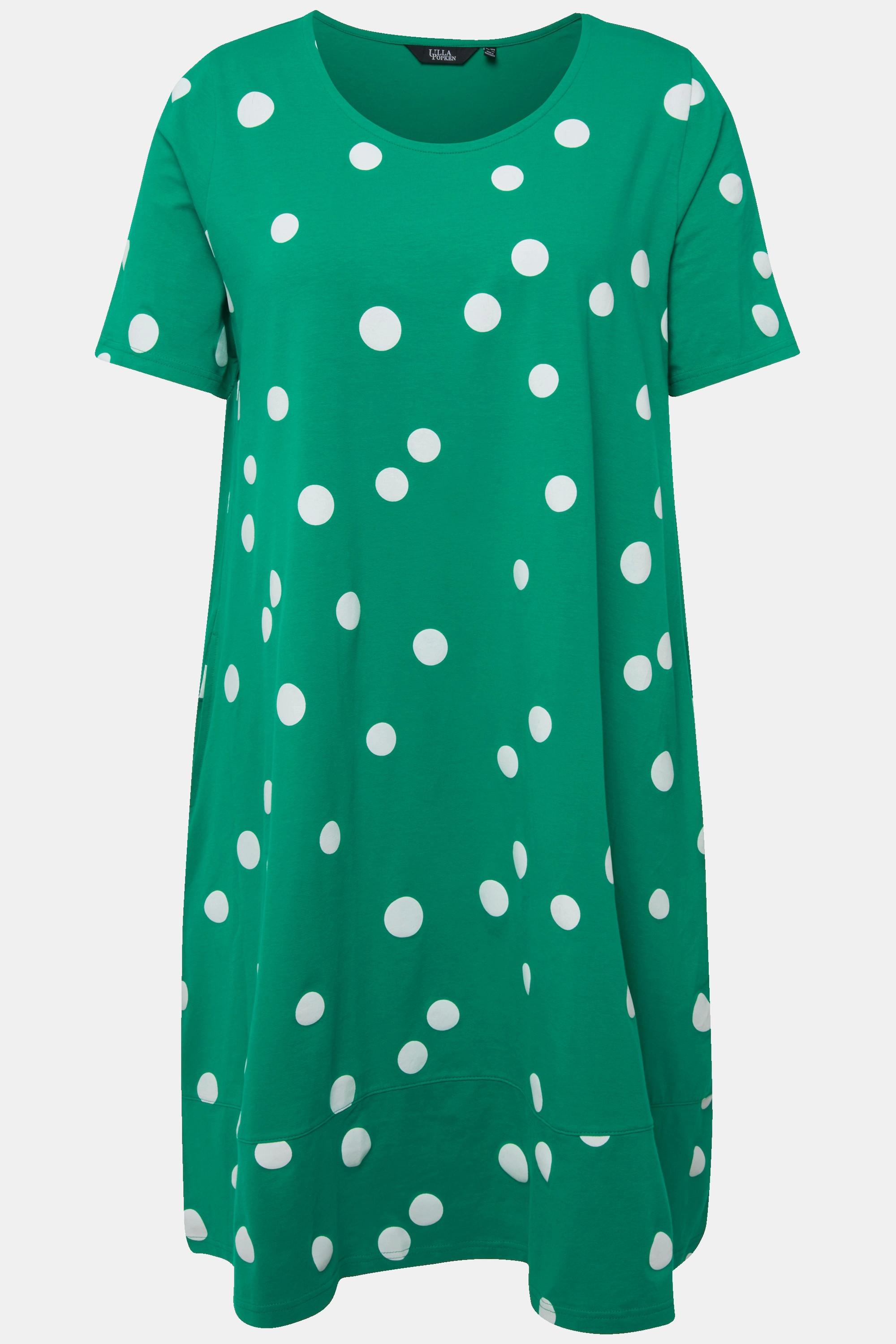 Ulla Popken  Robe midi à pois. Poches, col rond et manches courtes. Ligne en A. 