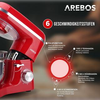 Arebos Robot de Cuisine 1500W 6L Acier inoxydable-Bol mélangeur 6 étapes  