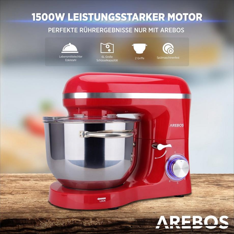 Arebos Robot de Cuisine 1500W 6L Acier inoxydable-Bol mélangeur 6 étapes  