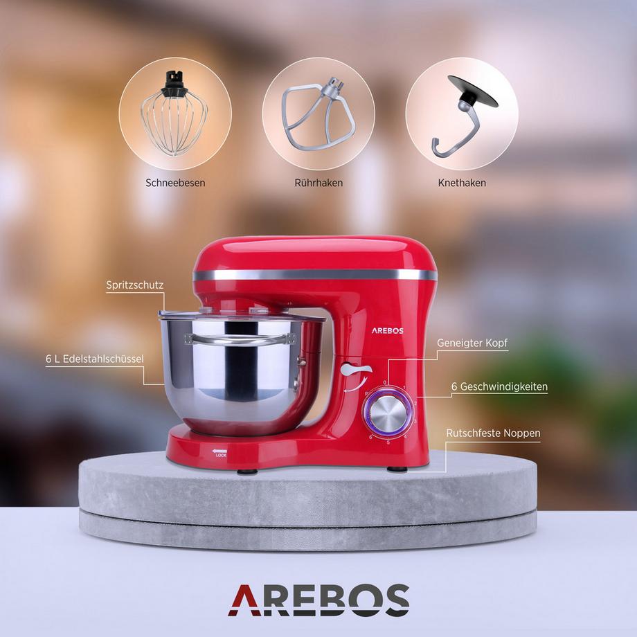 Arebos Robot de Cuisine 1500W 6L Acier inoxydable-Bol mélangeur 6 étapes  