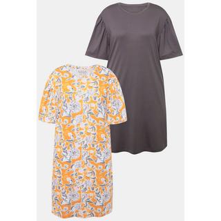 Ulla Popken  Grands t-shirts pour la nuit, lot de 2, motif à fleurs/uni. Décolleté bateau et manches courtes. 