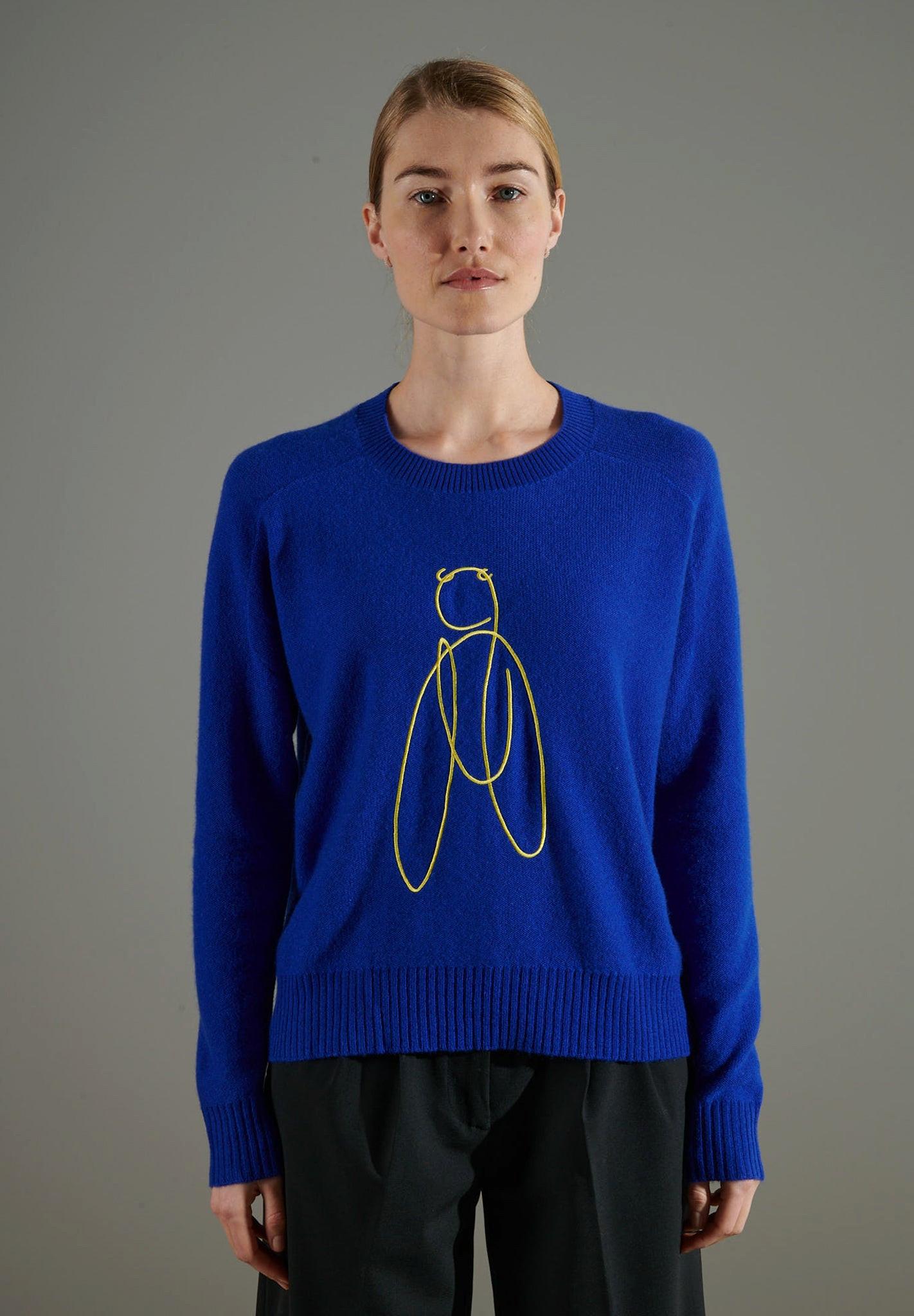 Image of Nami 9 Bestickter Pullover Mit Rundhalsausschnitt Cigale 2 - 100% Kaschmir Damen Blau S/M