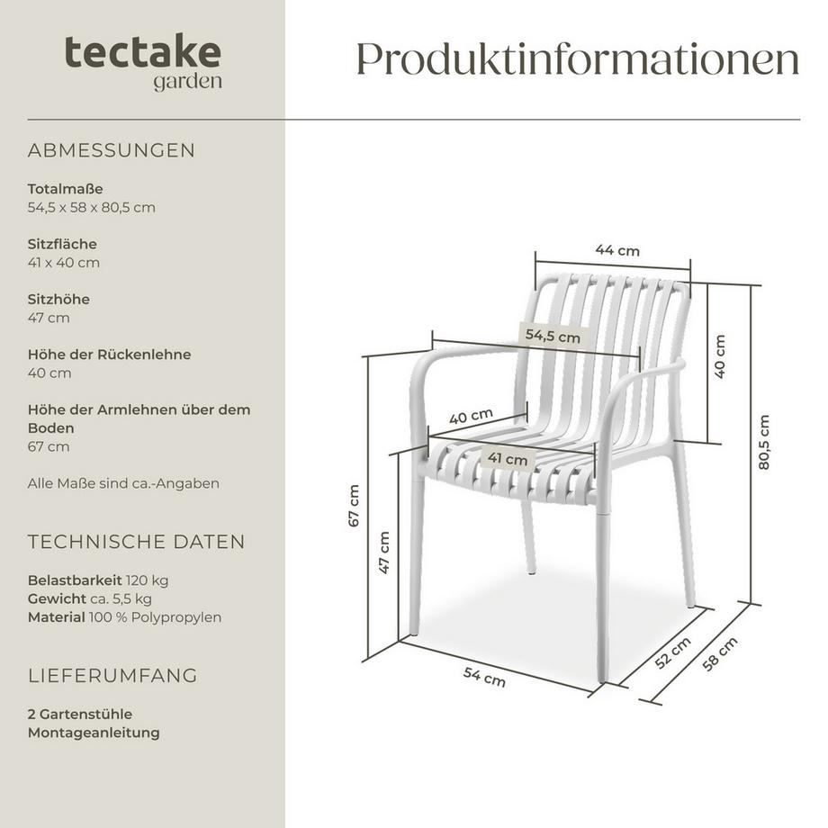 Tectake Gartenstühle Alcudia wetterfest und UV-beständig platzsparend stapelbar 2er Set  