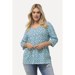 Ulla Popken  T-shirt à motif floral, ligne A, col rond et manches 3/4. Plis fantaisie 