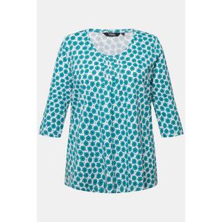 Ulla Popken  T-shirt dal taglio svasato con fiori, pieghe decorative, scollo a girocollo e maniche a 3/4 