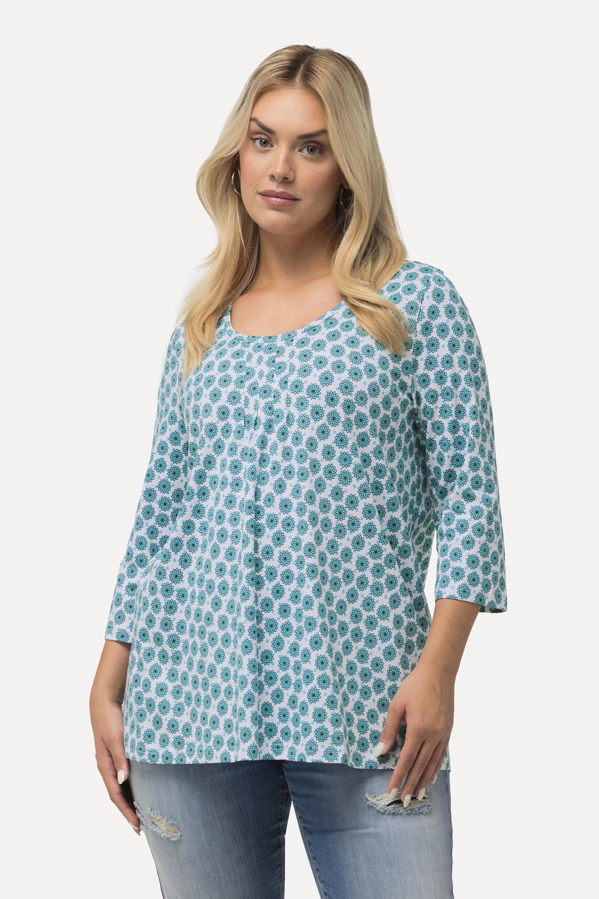 Ulla Popken  T-Shirt, Blüten, A-Linie, Zierfalten, Rundhals, 3/4-Arm 