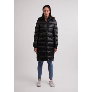 CASH-MERE.CH  Long manteau matelassé en duvet d’aspect brillant, dotée d’une capuche à doublure en cachemire 