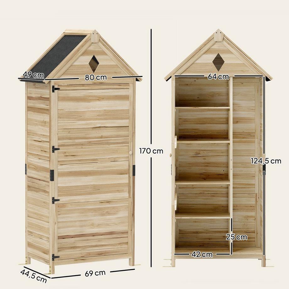 Northio Gartenschrank Holz, wasserdicht Geräteschuppen mit Asphalt-Satteldach Ablage Tür 80 x 49 x 170 cm, wetterfest Geräteschrank, Gerätehaus Gartenschuppen für Garten, Terrasse, Naturholz |  